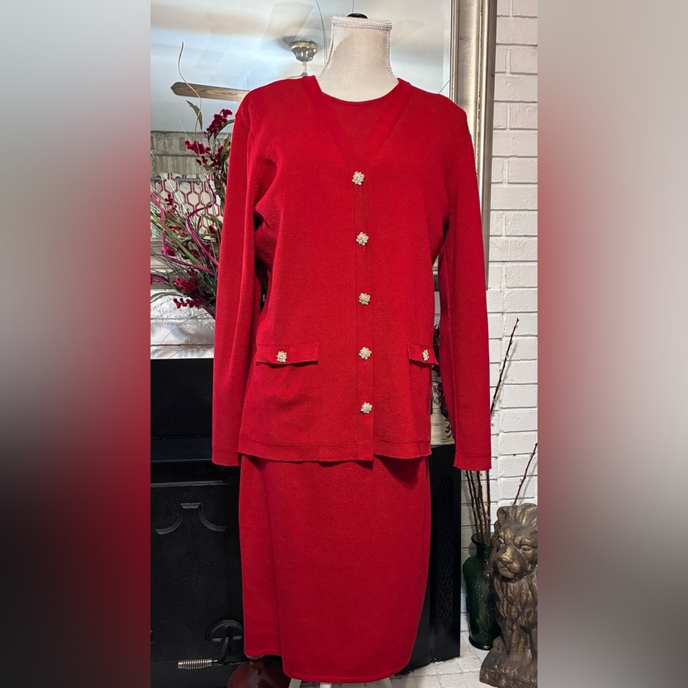 Vintage Talbots Red Knit 3 Piece Skirt Suit Set Cardigan Shell Size M